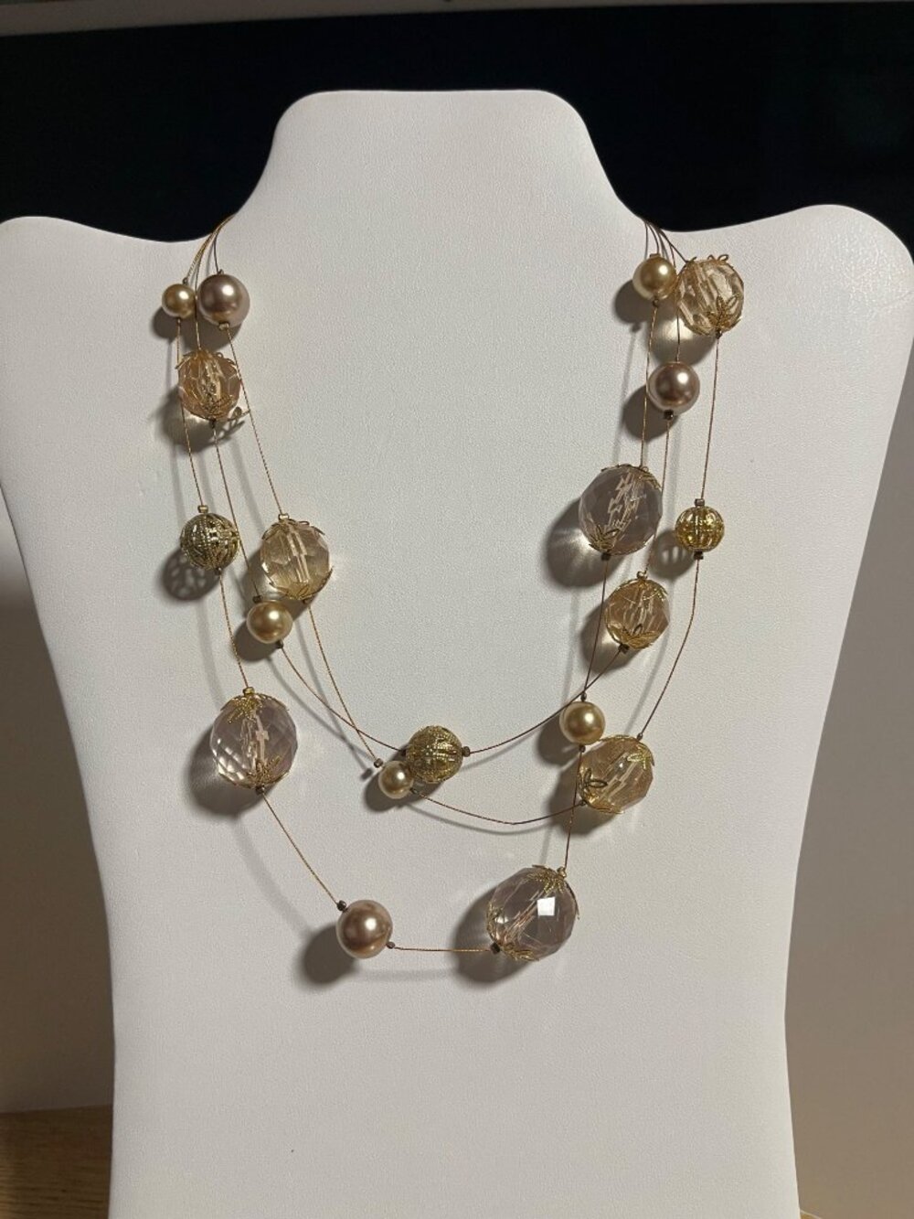 Gold Tone MultiStrand Beaded Necklace Faux Pearl & Iridescent Beads